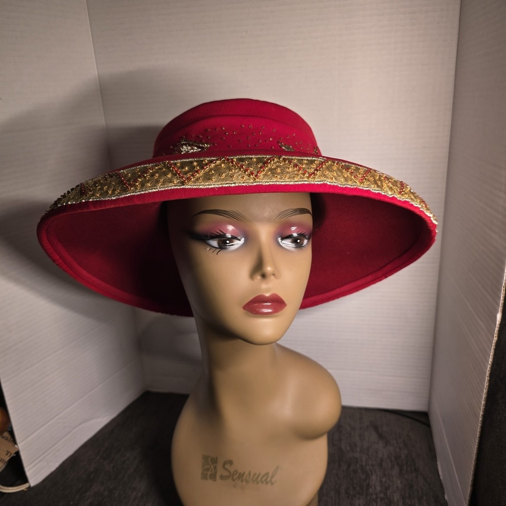 Carissimo Red Wool Felt Wide Brim Hat Gold Beaded Trim Bow Church Derby Hat